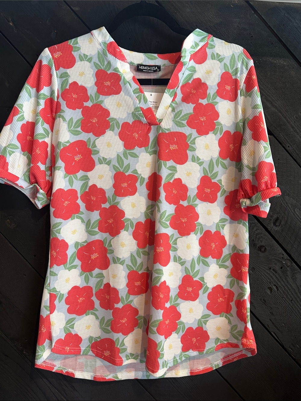 HEIMISH USA Red Floral V-Neck Short Sleeve Top